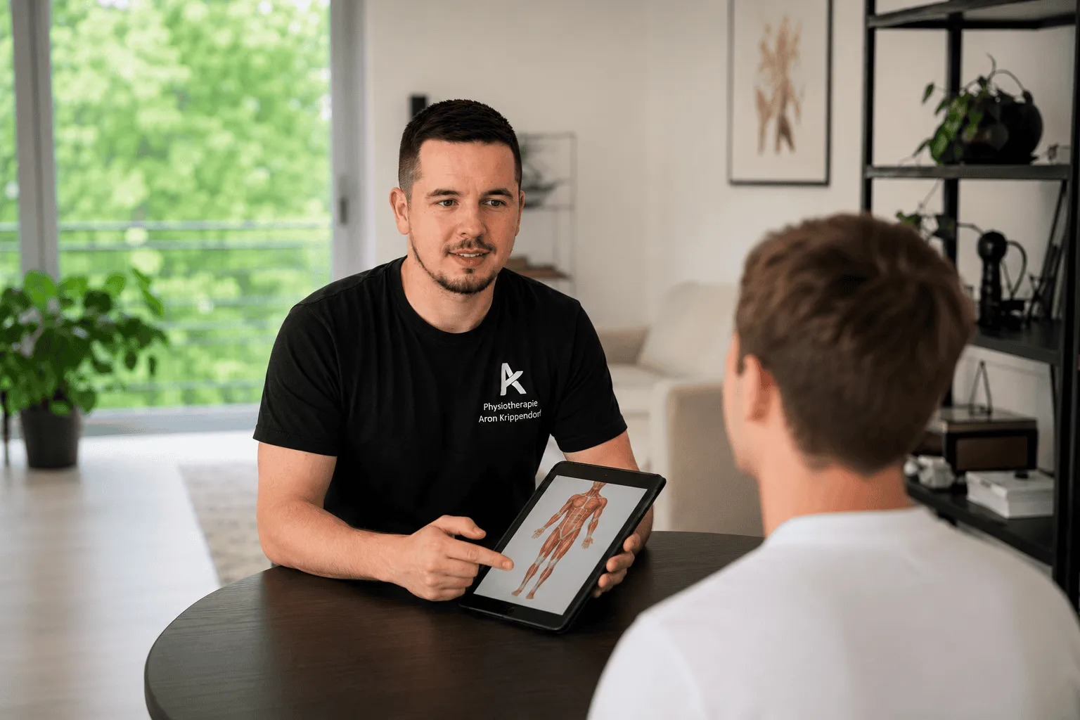Therapeut der Praxis Aron Krippendorf bespricht die Behandlung mit einer Patientin in ihrer Wohnung